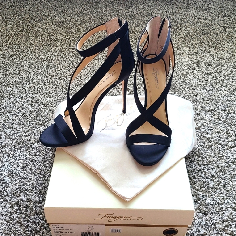 Vince Camuto Devin Strappy Black Satin Strap Heels US 9.5